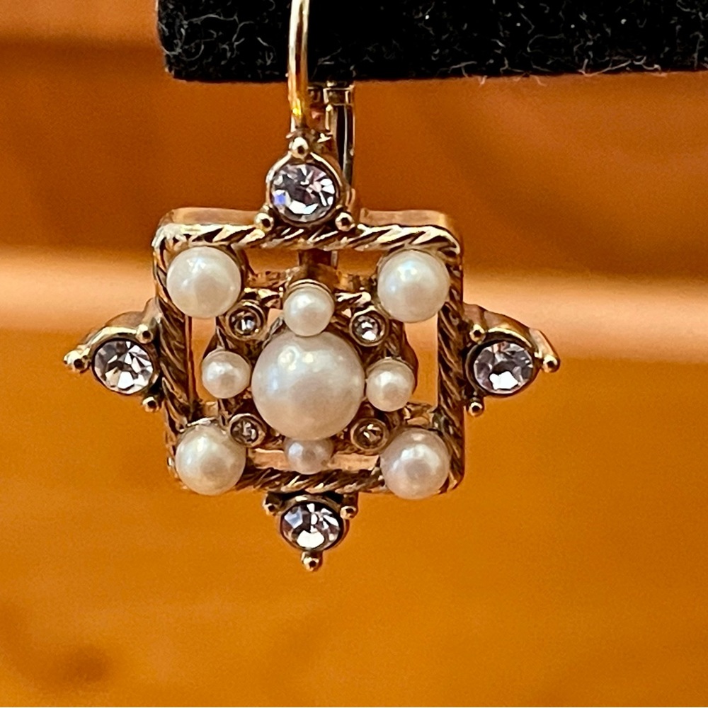 Carolee Vintage Pearl and CZ Gold tone French hook earrings